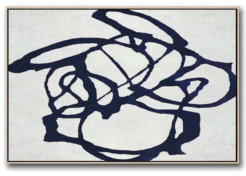Hand-Painted Canvas Art,Horizontal Abstract Painting Navy Blue Minimalist Painting On Canvas,Huge Abstract Canvas Art
